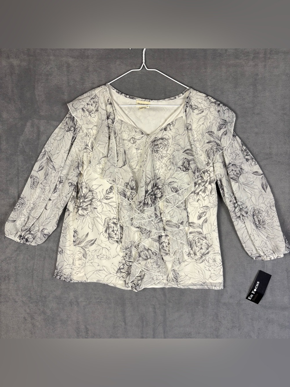 NWT En Focus Studio Women S Floral Ruffle Blouse Top Black White Chiffon Lined